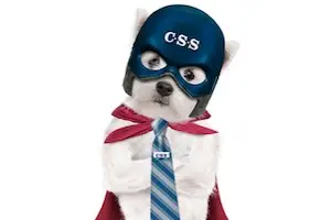 buster the super dog in cap and cape wearing a tie