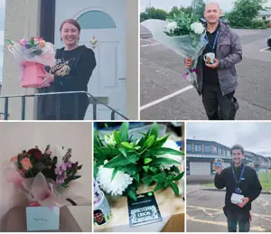 collage of people holding flowers and mugs and bunches of flowers and cards