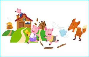the three little pigs and big bad wolf in front of CSS protected house