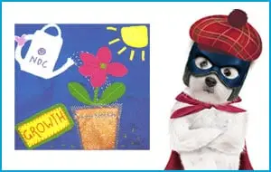 drawing of flower in pot with watering can and sun next to buster super dog wearing tartan bonnet
