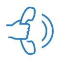 blue outline drawing of hand holding telephone with two curved lines to right