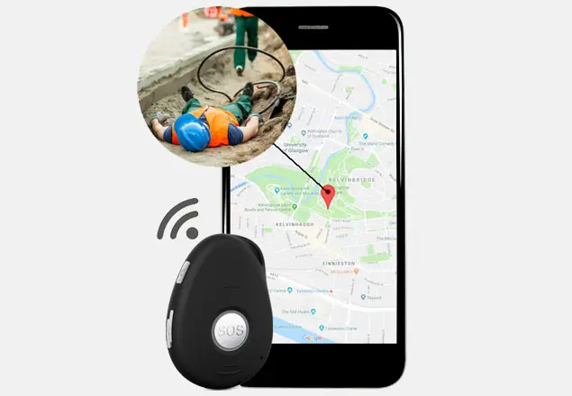 Mobile phone with map and location highlighted on screen, SOS alarm with wifi signal and inset photo of man in hard hat, high-vis work gear lying on the ground with someone running towards him.