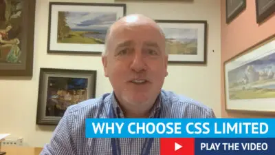 Photo of Paul Connelly talking to the camera with text why choose CSS limited, play the video.