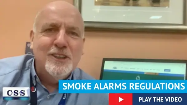 Picture of Paul Connelly talking to the camera with text Smoke alarms regulations and YouTube icon with text play the video.