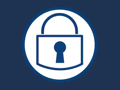 Blue outline of a padlock with keyhole in a white circle inside a blue rectangular box.