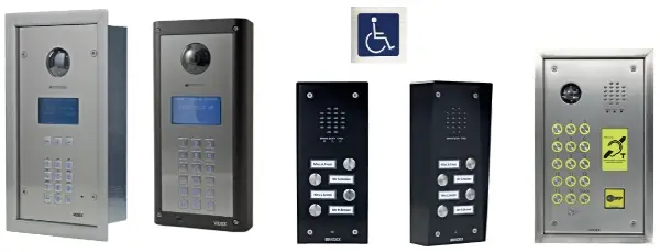 A range of door entry panels with buttons, camera lens, speakers and displays.