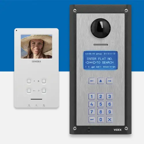Two door entry panels, one with an image of a person with 4 buttons below and one with a camera lens, instruction panel and buttons below.