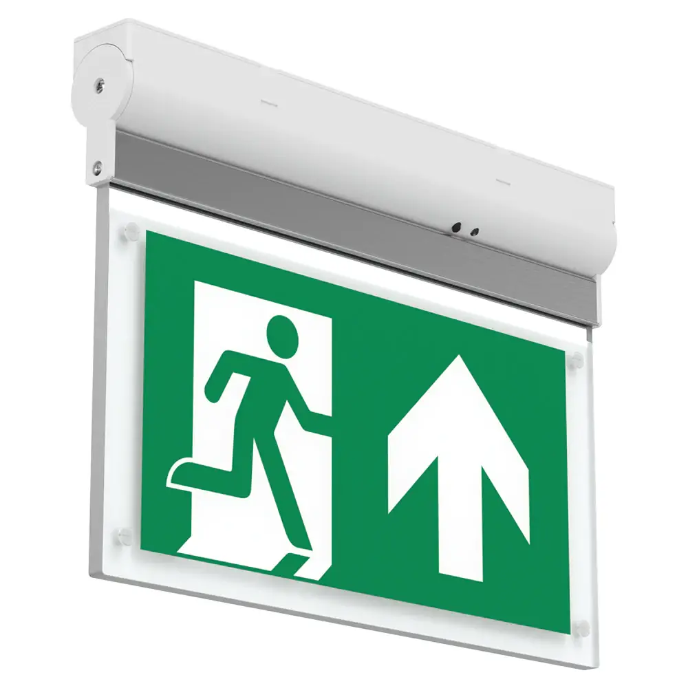 Green and white fire emergency sign featuring simplified image of a person walking through a doorway and a white arrow pointing upwards.