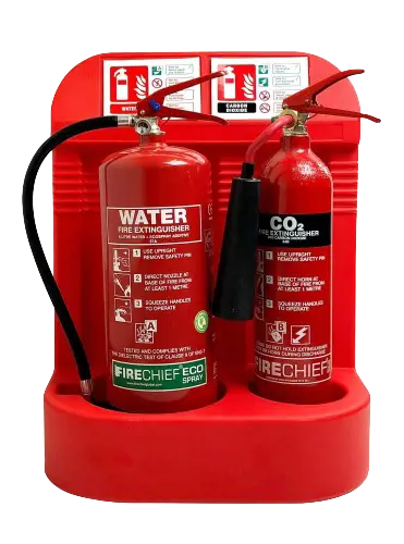 Image of two fire extinguishers, one for water and one for CO2, in red stand.
