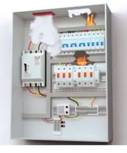 Image of fire fuse box with switches and wires.