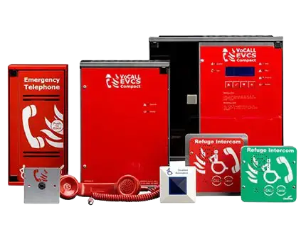 Fire refuge items including red emergency telephone and intercoms. The intercoms are red and green with simplified white images of flames, a wheelchair and telephone on them.