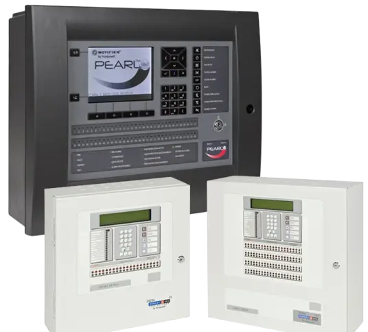 Pearl electronic fire alarm systems control boxes.