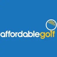 Blue box with Affordable Golf text; the L in golf is shaped like a golf tee and a golf ball graphic sits above it.