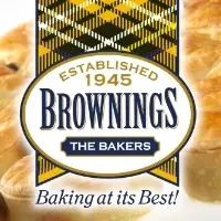 Brownings The Bakers logo, box with image of pie crust and tartan ribbon with text established 1945, Brownings The Bakers, and at the bottom of the logo it says, baking at its best!