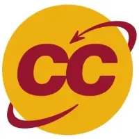 Cash Converters logo, a dark yellow circle with red CC in caps and a red orbital tail looping around the circle; an arrow at the end of the tail points to the top of the CC.