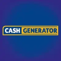 Cash Generator logo featuring purple-blue box with Cash Generator centred in caps against a yellow banner.
