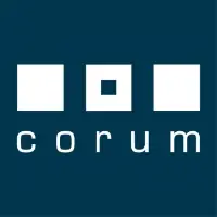 Corum logo, a dark coloured box with three white squares, the middle square has a square removed from its middle. Corum is in white text.