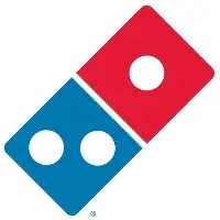 Dominos logo featuring a domino at a 45 degree angle with a blue square with two white dots and a red dot with one white dot