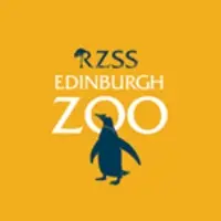 Edinburgh Zoo logo, an orange-yellow box with RZSS Edinburgh Zoo in white text and image of a black penguin.