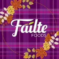 Failte Foods logo, purple tartan patterned box with leaf border designs on upper left and lower right corners and Failte Foods in white text.