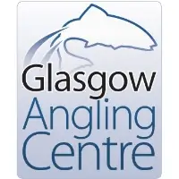Glasgow Angling Centre, pale blue box with drawing outline of a fish and text reading Glasgow angling centre.