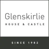 Glenskirlie logo, white box with black outline and black banner. Text reads Glenskirlie house and castle, since 1982.