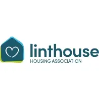 Linthouse Housing Association logo, a graphic of a house with a love heart drawn in the middle and company name beside.