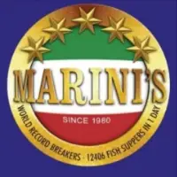 Marini's logo, a gold circle with 5 embossed gold stars along the top with Italian flag inside with gold text Marini's, since 1980. Text around the bottom half of the circle reads world record breakers, 12406 fish suppers in 1 day.