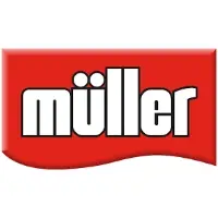 Muller logo, red wavy shape with Muller in white text.