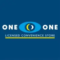One o One logo, a blue box with a light blue oval shape in the middle and two half-moon shapes (one yellow, one white) facing each other inside the oval. Text reads one o one licensed convenience store.