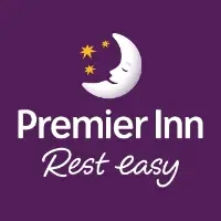 Premier inn logo, a purple box with a sleeping half moon and three yellow stars; Premier inn rest easy is written in white text.