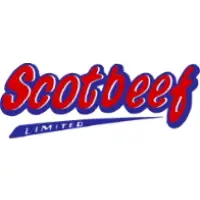 Scotbeef logo, Scotbeef is written in red bubble text with a blue flourish underneath with the word limited inside.