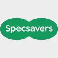 Specsavers logo, two green oval shapes joined together to resemble eye glasses with Specsavers in white text.