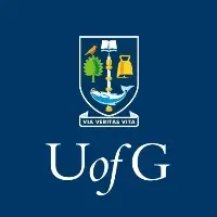 University of Glasgow logo, a dark blue box with white text U of G; above the text is a graphic of a coat of arms with a bird sitting atop a tree, an open book, a gold bell, a silver candlestick with gold markers and a fish with a hook in its mouth lying belly-up. A ribbon under the coat of arms reads via veritas vita.