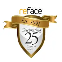 reface logo: shield with gold ribbon with text est. 1991 and text on shield reads celebrating 25 years of success