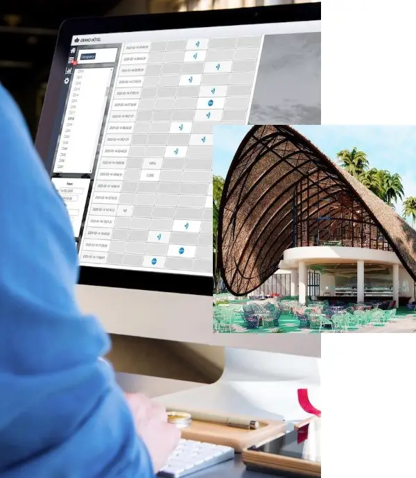 Collage of KNX Building Management System computer controls and building with large stylised hatched canopy.
