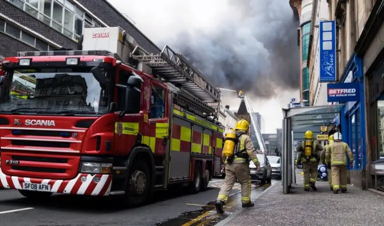 Scottish fire service responds to large fire in Glasgow city center at Sauchiehall Street.