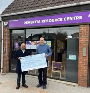 Photo of Rahul and rep from Alzheimer Scotland being presented with cheque from Sportsmans Dinner event. CSS attended the annual Sportsman's Dinner at The Eagle Lodge, raising cash for some incredible local charities and organisations.