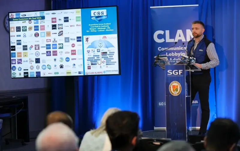 CSS Sales Director Callum Connelly at SGF retail crime event talking about protecting shop workers and improving retail security