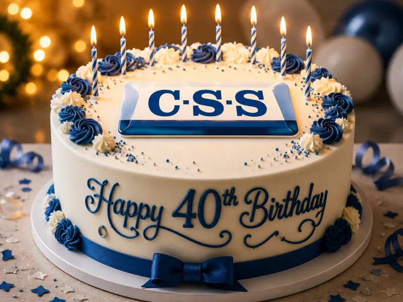 Birthday cake with CSS logo and happy 40th birthday to celebrate 40 years of Connelly Security Systems