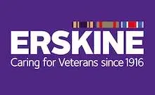 Erskine Veterans Charity logo, a purple rectange with white text and strip of military bade colours above the text, which reads Erskine, caring for veterans since 1916.