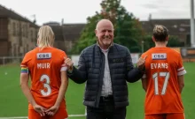 Paul Connelly with Glasgow City FC captain Amy Muir and defender Lisa Evans showing back of shirt CSS sponsor badge